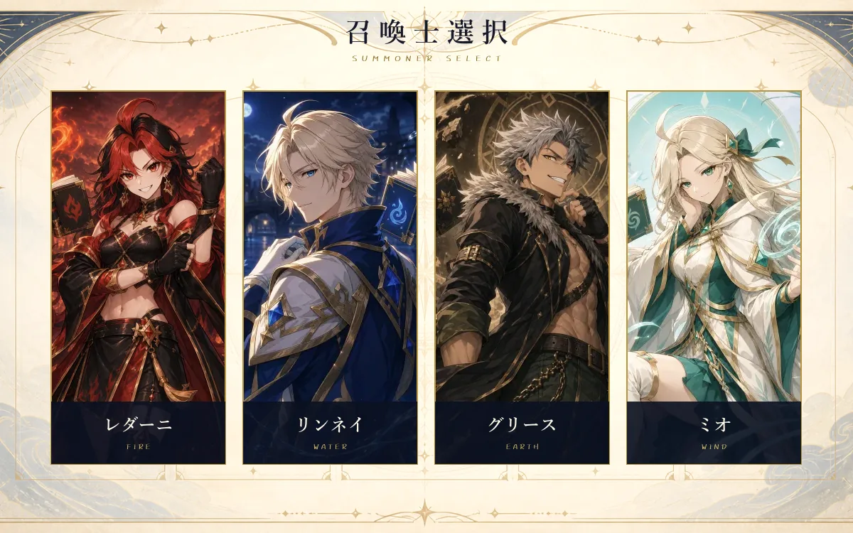 現在の4人の召喚士が選択済みの召喚士選択画面